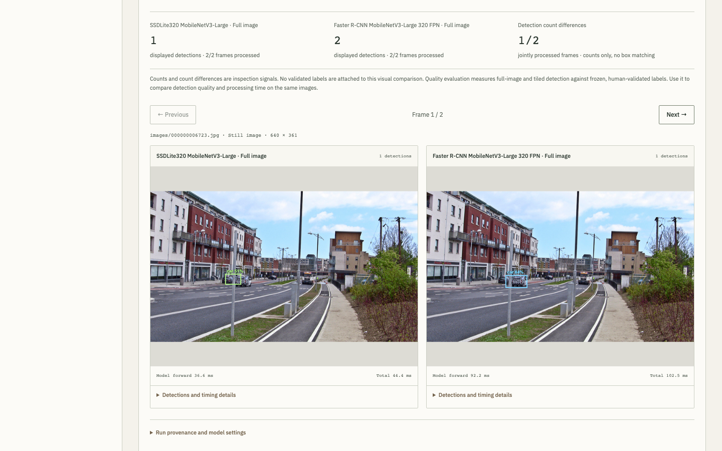 IRIS browser demo comparing recorded object detections on the same street image.