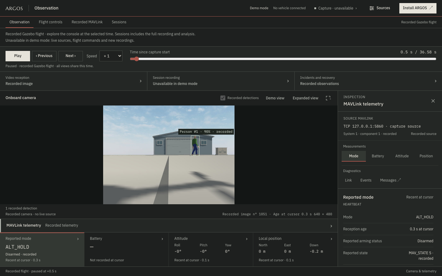 ARGOS demo showing recorded Gazebo camera footage, a person detection and MAVLink telemetry.